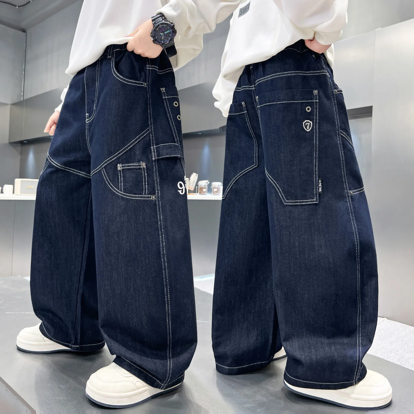 Spring Autumn Boys Jeans Wide Leg Pants Children's Casual Long Trousers Trendy Kids Clothing Middle Big Children Boy Clothes