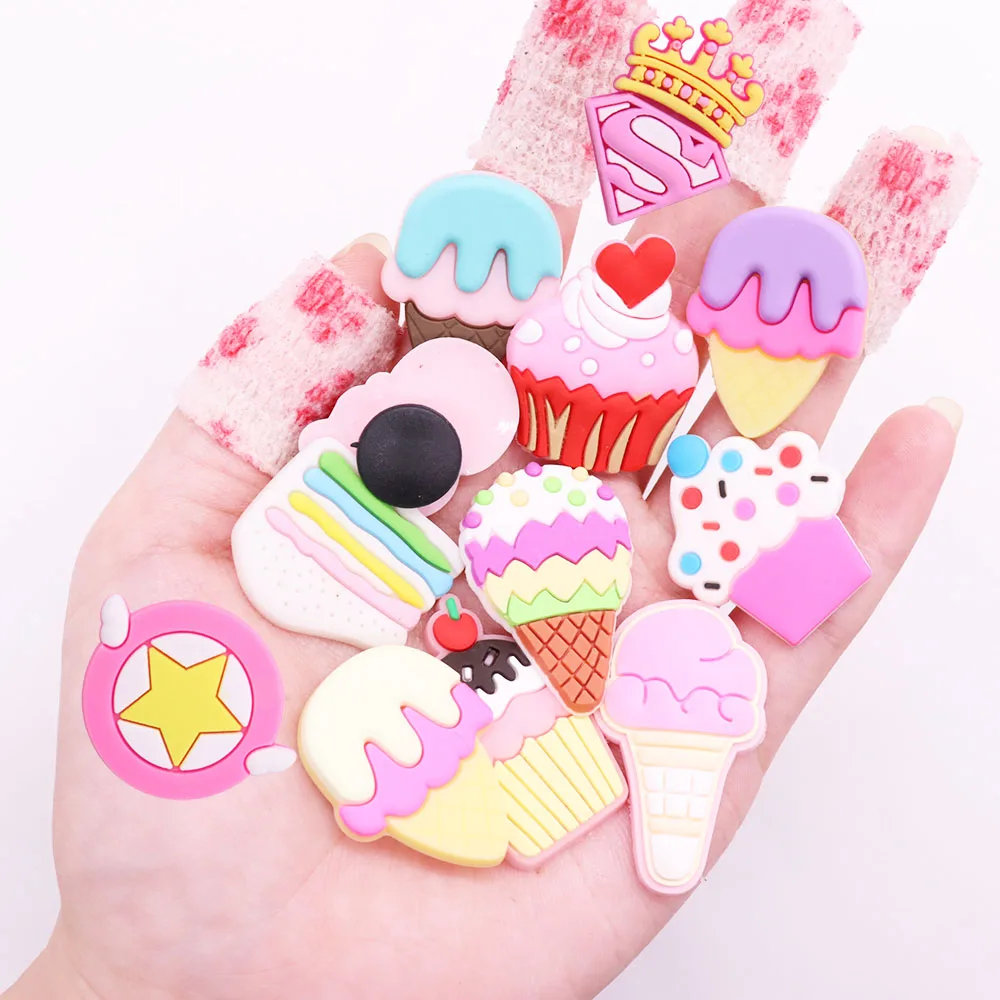 50Pcs PVC Shoe Charms Ice Cream Cone Cake Star Shield Accessories Shoe Buckle Decorations Fit Bracelets Hot Gift Children Gift