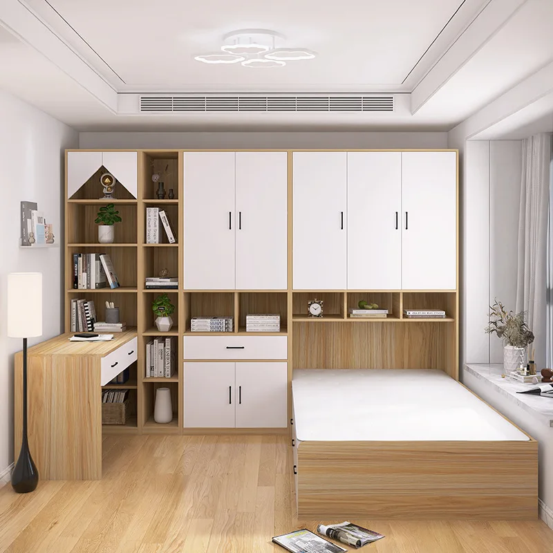 

Children's Wall-Mounted Tatami Style Integrated Set Room Furniture with Bed Wardrobe Desk Bookcase-Space-Saving Unit