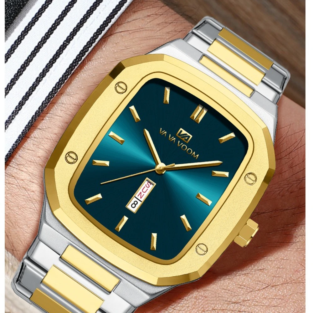 VA VA VOOM 2831, роскошные мужские часы со стальной полосой, модные деловые водонепроницаемые часы с двойным календарем для мужчин, Relogios Masculino
