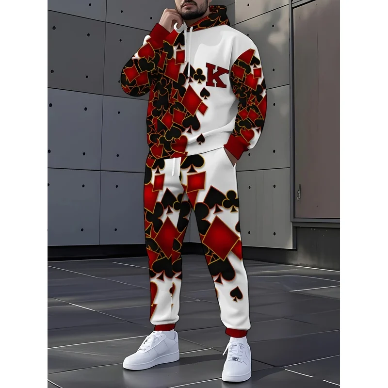 Fashion Poker Pattern And Pants Two-Piece Set, Fashionable Printed Sportswear, Casual Street Style, Men'S And Women'S Daily Wear