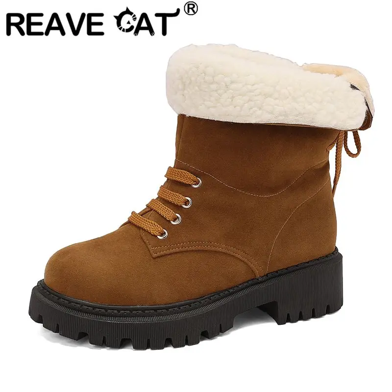 REAVE CAT Women Plush Fur Snow Boots Round Toe Thick Heels Lace Up 4cm Daily Ankle Booties Big Size 41 42 43