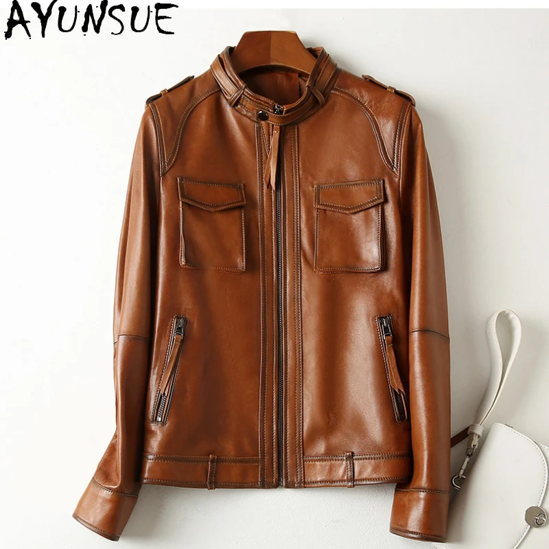 AYUNSUE Genuine Sheepskin Leather Jacket Women Autumn New in Coats & Jackets Womens Cropped Jackets Biker Jacket Chaquetas 2024