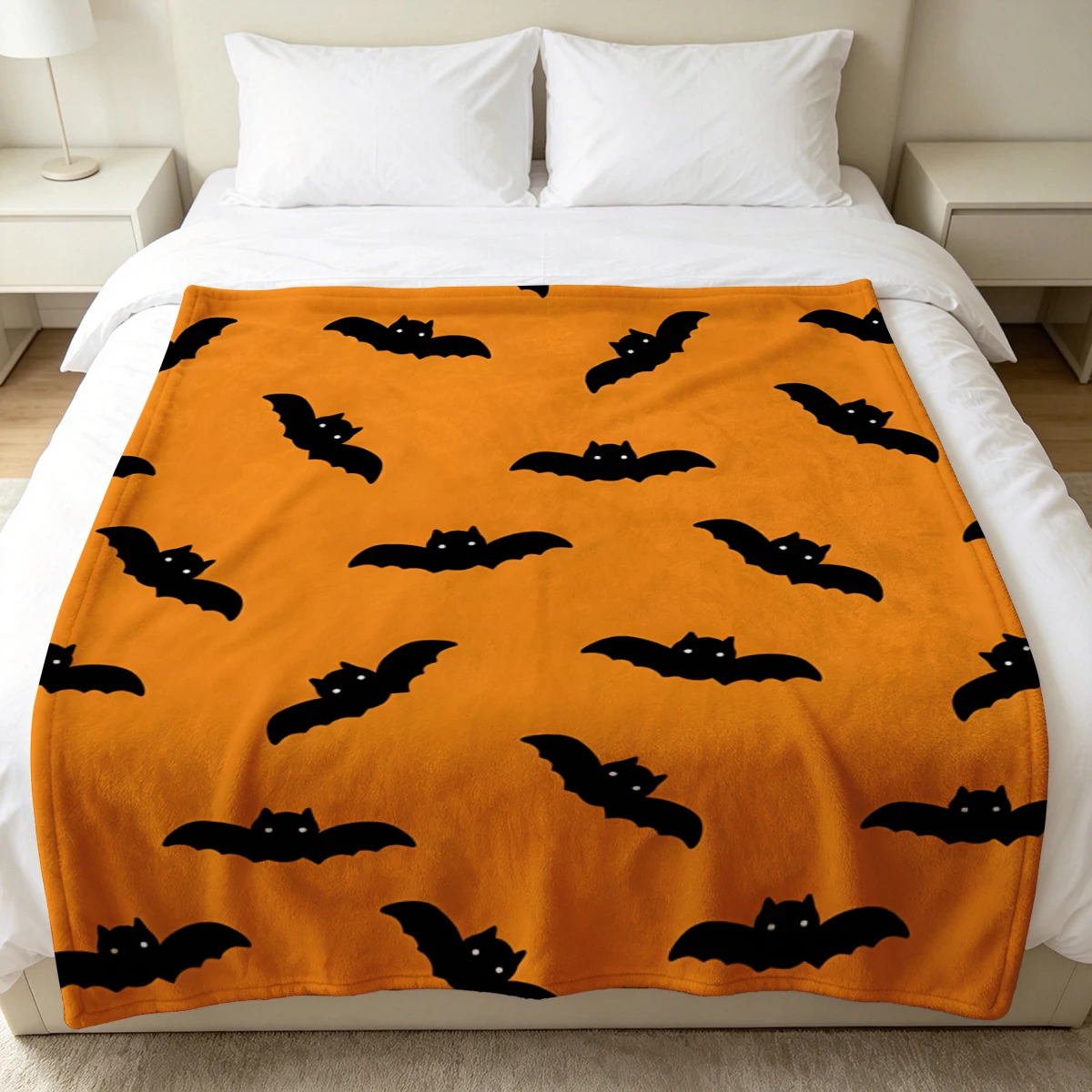 Orange Bat White Eyes Soft Fluffy Flannel Blanket Super Cozy Lightweight Bed Blanket for Halloween Sofa Bed Christmas Decor