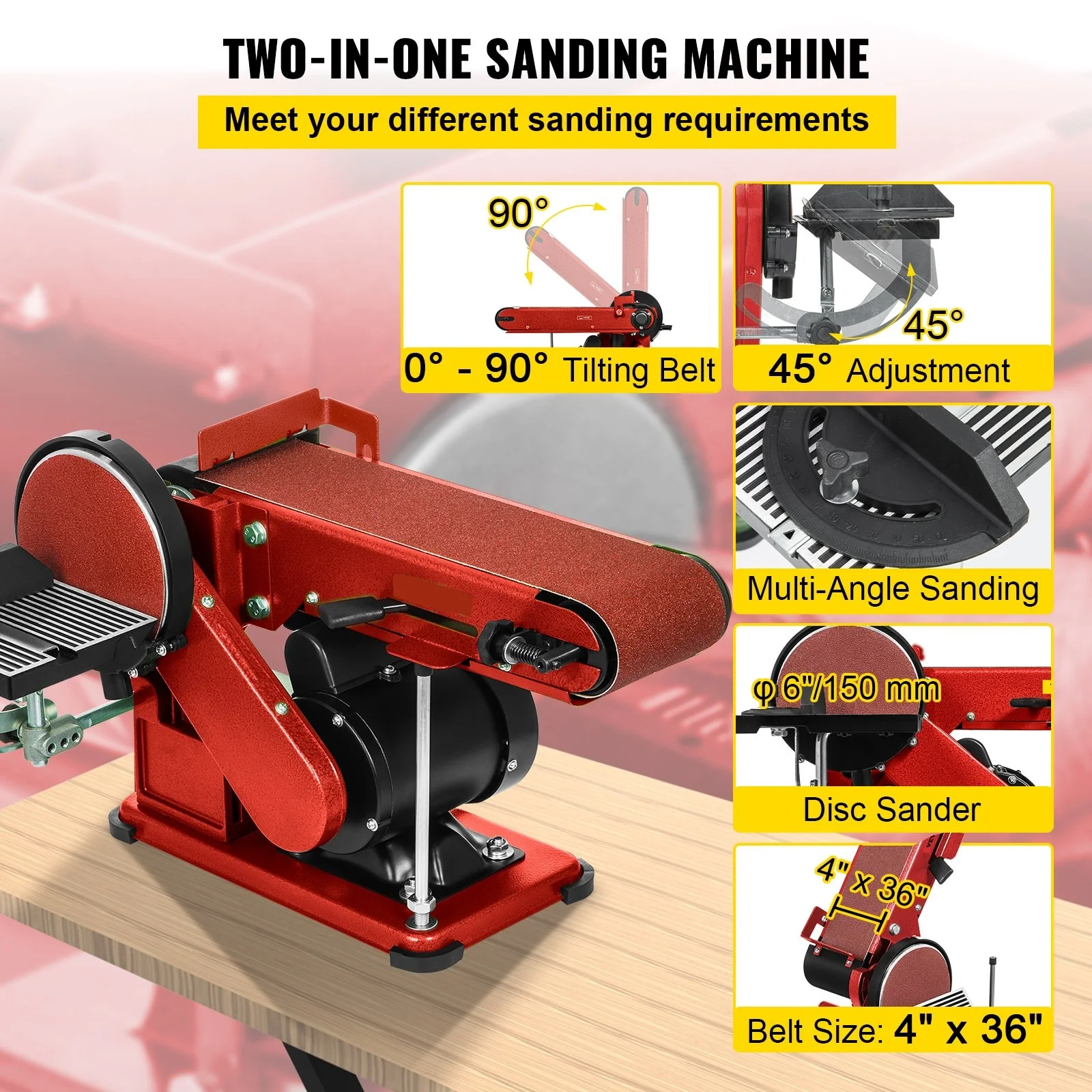 Belt Disc Sander 4x36inch and 6inch Disc, Benchtop Disc Belt Sander 375W Powerful Bench Sander For Woodworking