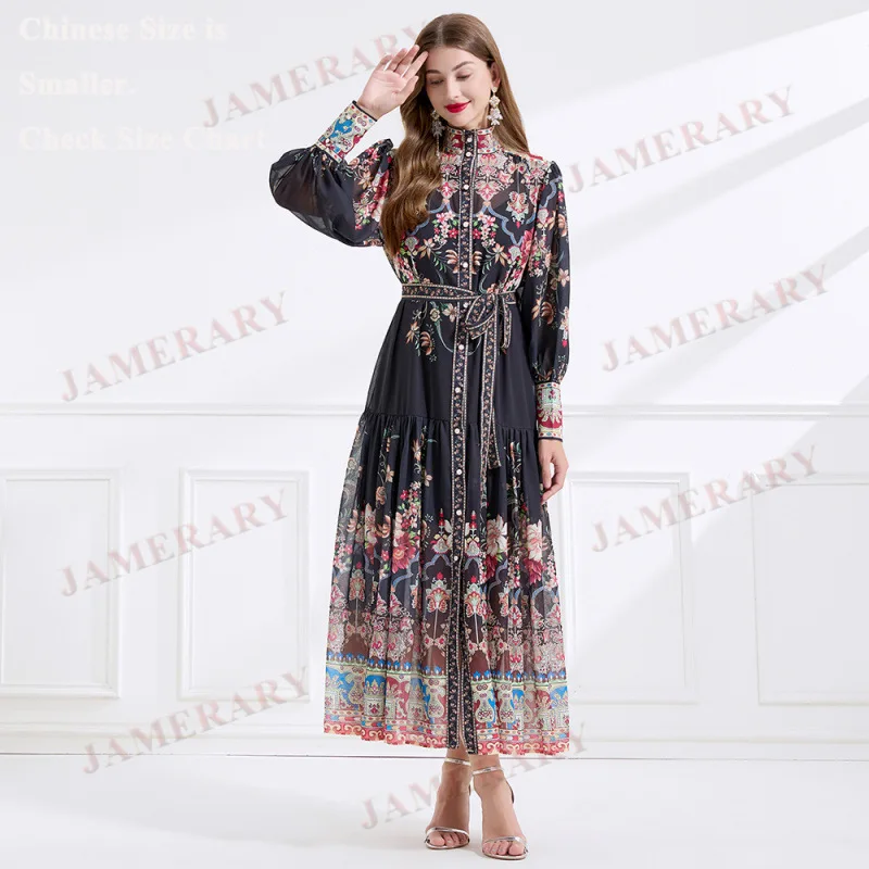 Elegante camicia maxi floreale autunnale da donna manica lunga monopetto Bohemia Palace Brand Runway Lolita Princess abiti lunghi