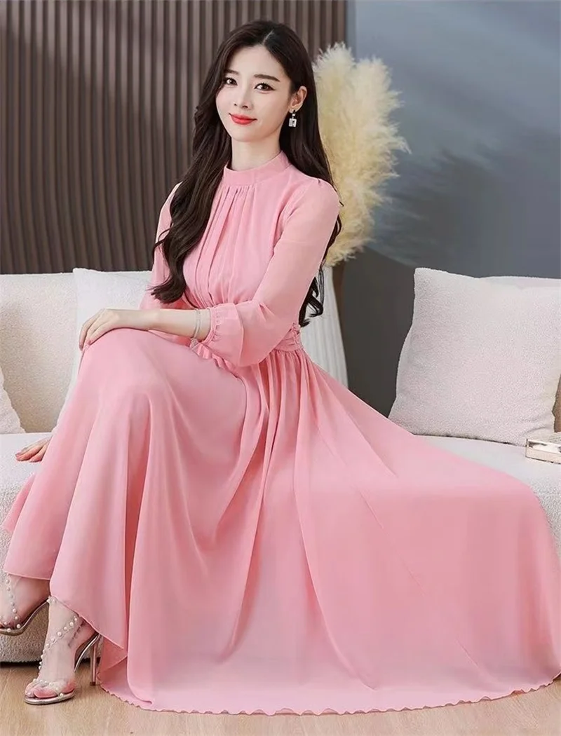 Elegantes Boho-Damenkleid mit O-Ausschnitt, schmaler elastischer Taille, A-Linie, Midikleid, Batswing, langärmelig, lässig, Urlaub, Büro, Damen-Vintage-Kleid