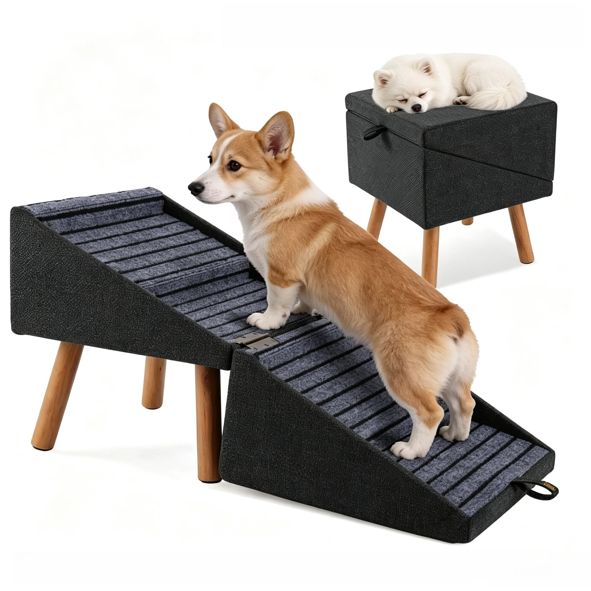 Foldable Detachable Wooden Dog Ramp Stairs Integrated Pet Step Bed Ottoman Indoor Puppy Access Ladder Organizer