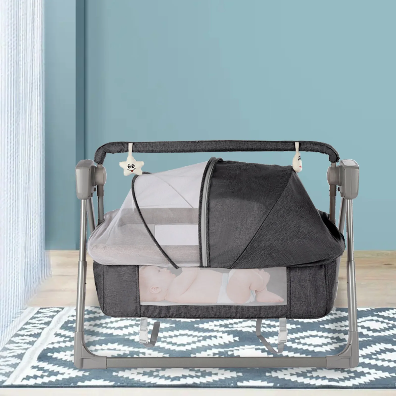 

Электрическая колыбель-баунсер темно-серого цвета с навесом и пультом ДУ, автоматическое кресло-качалка, 5-скоростной регулируемый шезлонг-спальник