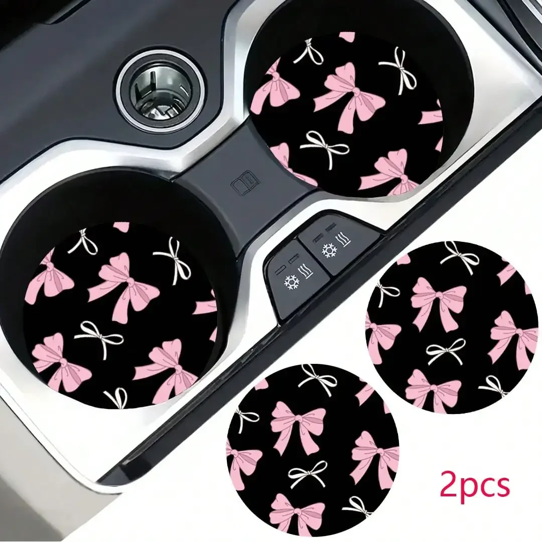 2PCS Pink Bow Car Cup Coasters, Non-Slip Universal Holder Mat Interior Decor
