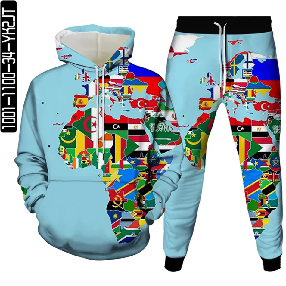 

Men Vintage World Map Print 2Pc Sets Women Fashion Outfits Spring Autumn Suits Female Streetwear Joggers Pants Hoodies Tracksuit