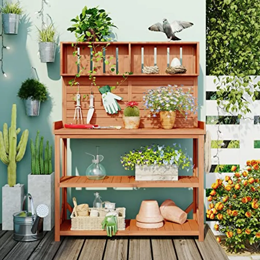 Wooden Potting Bench Table, Farmhouse Rustic Outdoor Storage Bench, Garden Work Bench with 4 Storage Shelves and Side Hook, Out