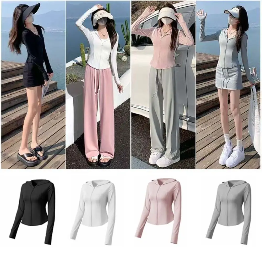 Anti UV Summer Sunscreen Hoodie Shirt Long Sleeve Quick Dry Jacket Women Thin Solid Color Sun Protection Sweatshirt Walking
