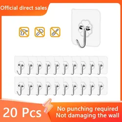 20 Pcs Transparent Stainless Steel Strong Self-adhesive Hooks Bathroom Towel Clothes Storage Sticky Hooks Key Pendant Storages
