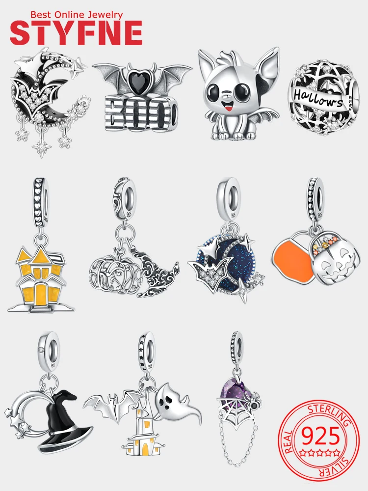 

925 Silver Charms Dark Series Moon Spider Magic Hat Pumpkin Halloween Beads Pendant Fit Original Bracelets DIY for Women Jewelry