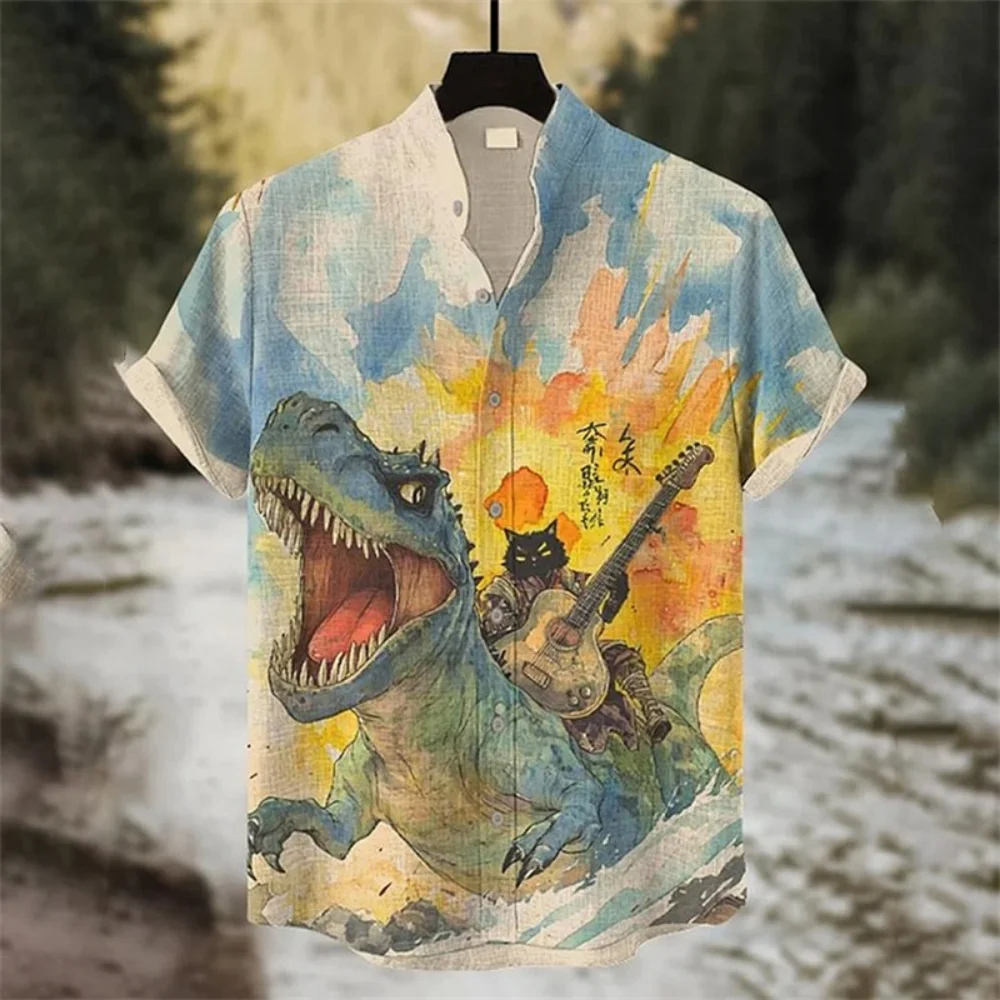 Męska koszula letnia z krótkim rękawem, abstrakcyjny nadruk 3D z kreskówkowym kotem, stójka, zapinana na guziki, modna odzież hawajska.