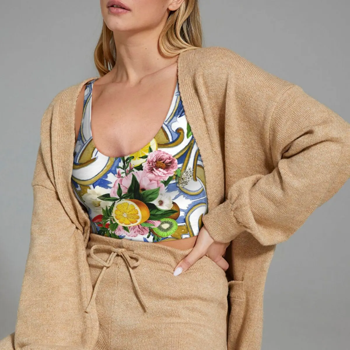 مخصص بلاط صقلية ، البحر الأبيض المتوسط ، فسيفساء ، الليمون المرأة سترة رياضية الصدرية الصالة الرياضية تجريب عالية التأثير اليوغا قطع علوية بدون أكمام #5