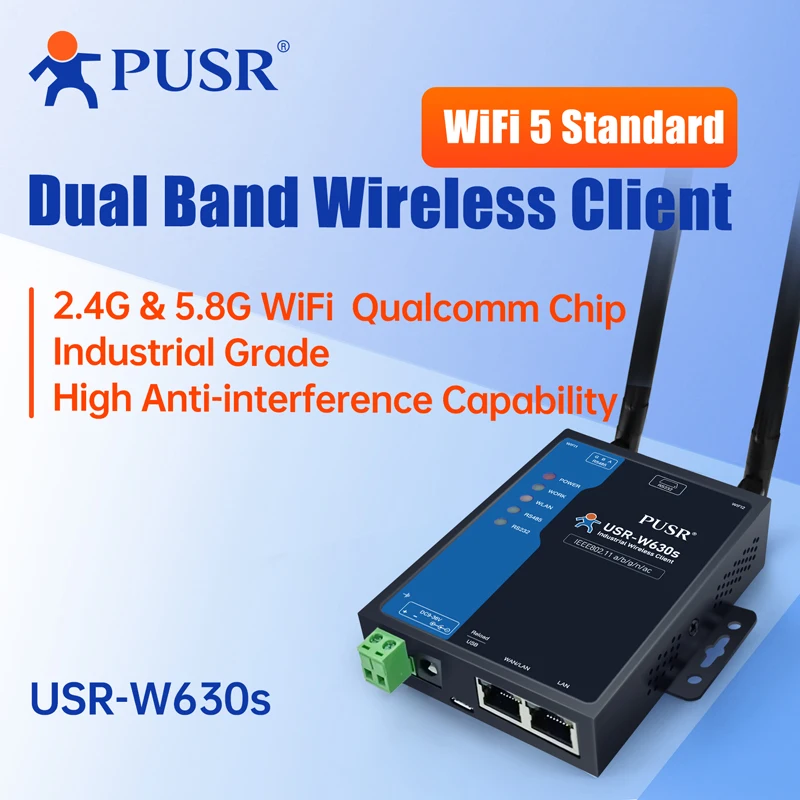 

Промышленный беспроводной клиент PUSR с высокопроизводительным Wi-Fi, поддержкой режима точки доступа 2,4 ГГц и 5,8 ГГц AP/STA/AP+STA/мост USR-W630s