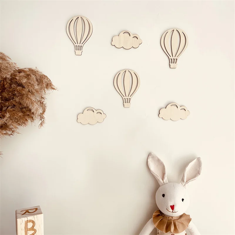 Nordic Wooden Butterfly Wall Stickers Hot Air Balloon Cloud Wood Sticker Kids Room Decoration Ornament Home Crafts Nursery Decor