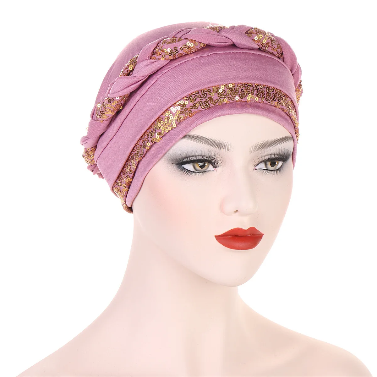 Fashion Hijabs for Women Braid Decor Muslim Turban for Female Elegant Sequin Bonnet Cap Elastic Head Scarf for Woman Headcover