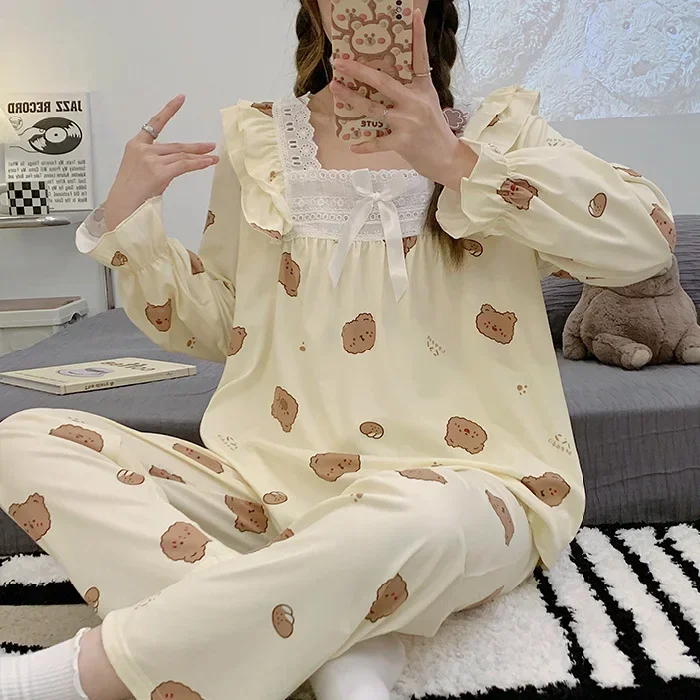 Primavera e autunno nuove donne pigiama pizzo pantaloni a maniche lunghe stampa orso principessa Cartoon Loungewear Set pigiama