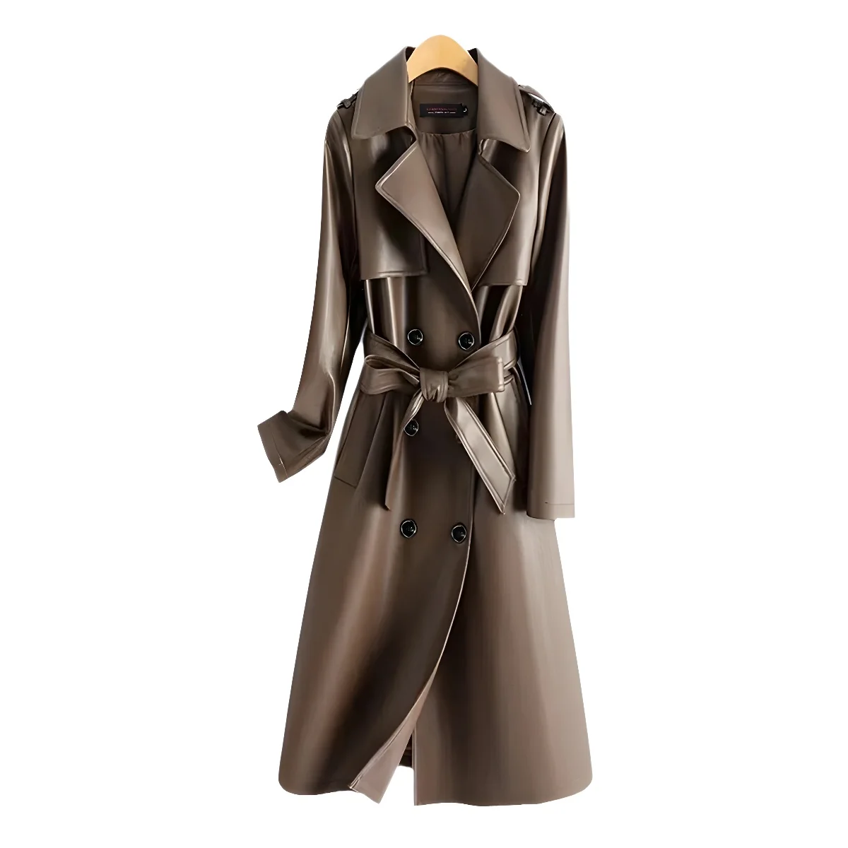 Elegant Pu Leather Women's Long Jacket Double Breasted Lace Up Solid Jackets Lady 2025 Autumn Winter Chic Female Outwears