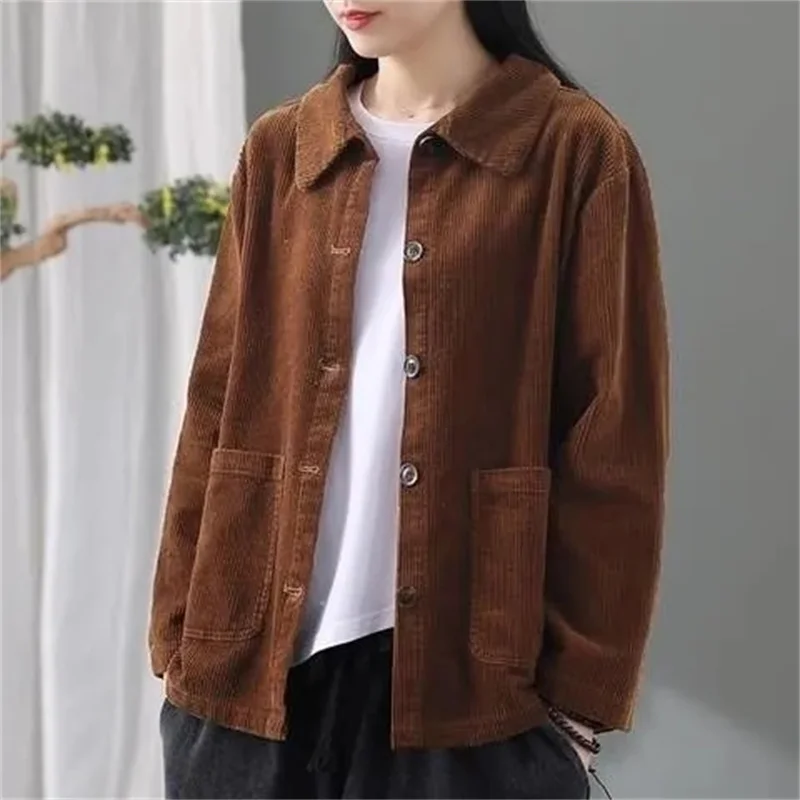 Corduroy Jacket Women's Shirt Spring Autumn New style Retro Long sleeved Loose Korean version High-end Lady Short Windbreaker