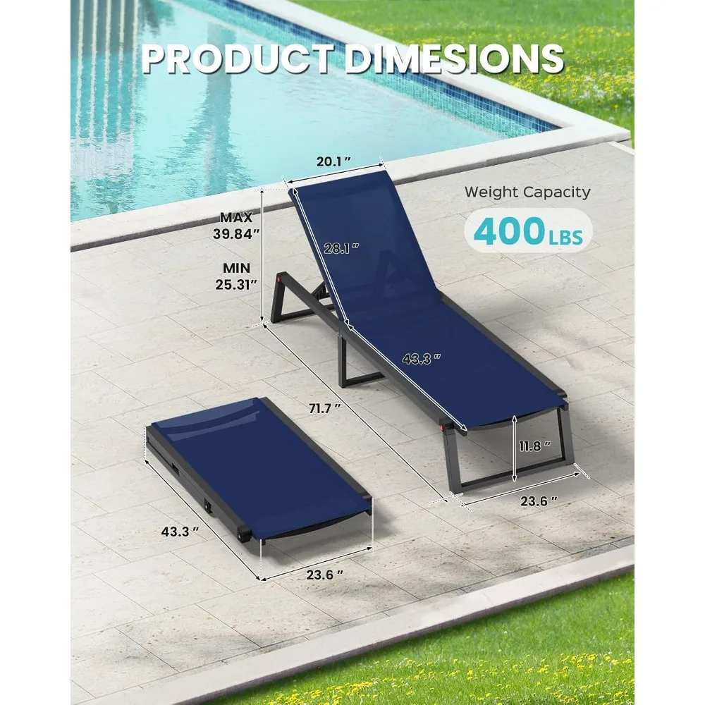 Foldable Outdoor Chaise Lounge Chair, 5-Position Recliner, Poolside Relaxation, Navy Blue
