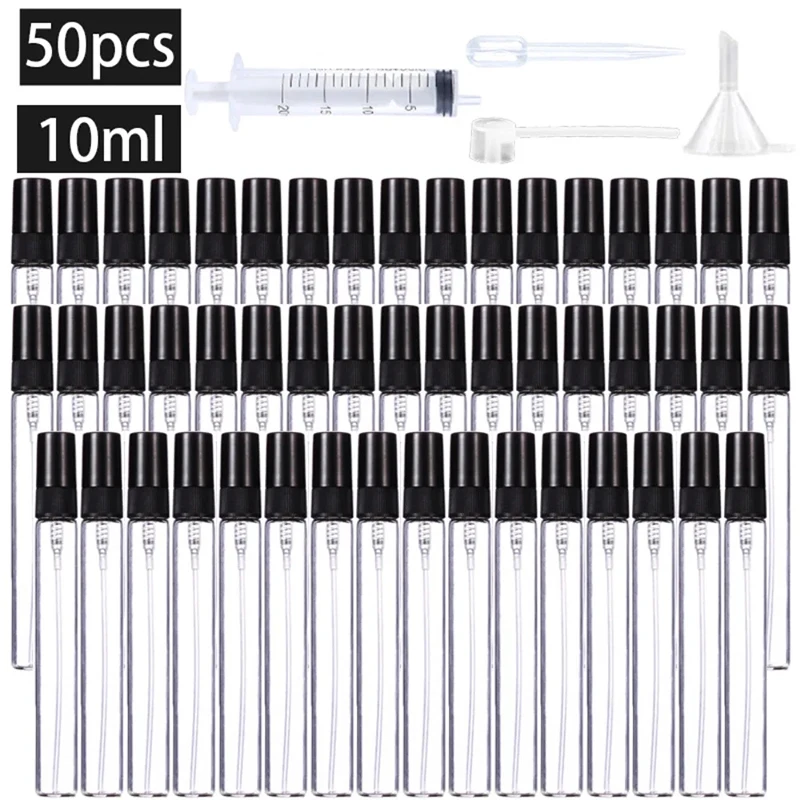 50pcs+4 Accessories 10ML Refillable Glass Spray Bottle with 50 Spray Bottles, 1 Dropper, 1 Funnel, 1 Dispenser, 1 Syringe