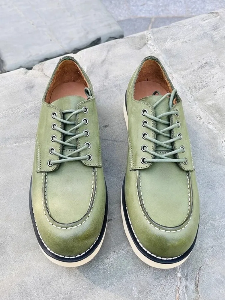 Vintage Mens Cowskin Genuine Leather Work Cargo Shoes Lace Up Low Cut Breathable Business Casual Round Toe Platform Shoes Male