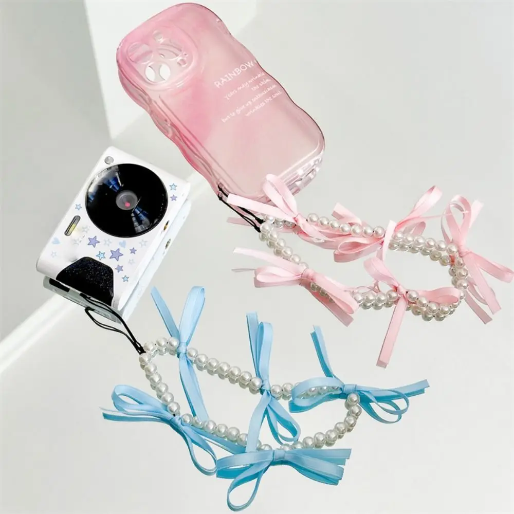 Ballet Style Lace Bowknot Phone Chain Ribbon Pearl Sweet Bow Ribbon Phone Strap Decoration Keychains Beaded Hanging Pendant Kids