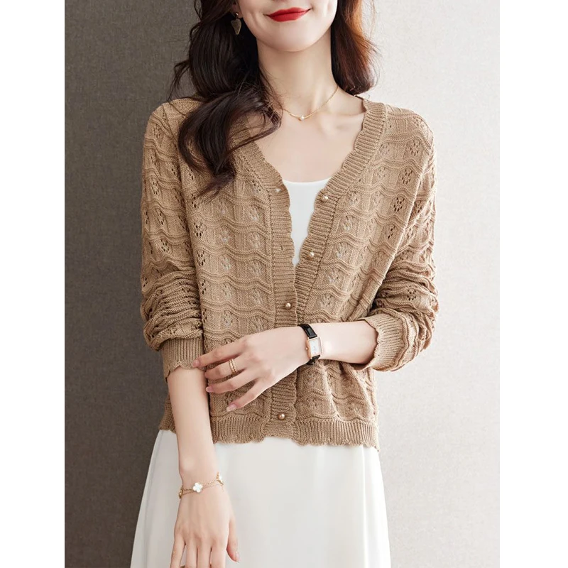 Women Hollow Out Beaded Chic Sweet Ice Silk Knitwear New Spring Autumn Fashion Elegant Solid V Neck Long Sleeve Knitted Cardigan