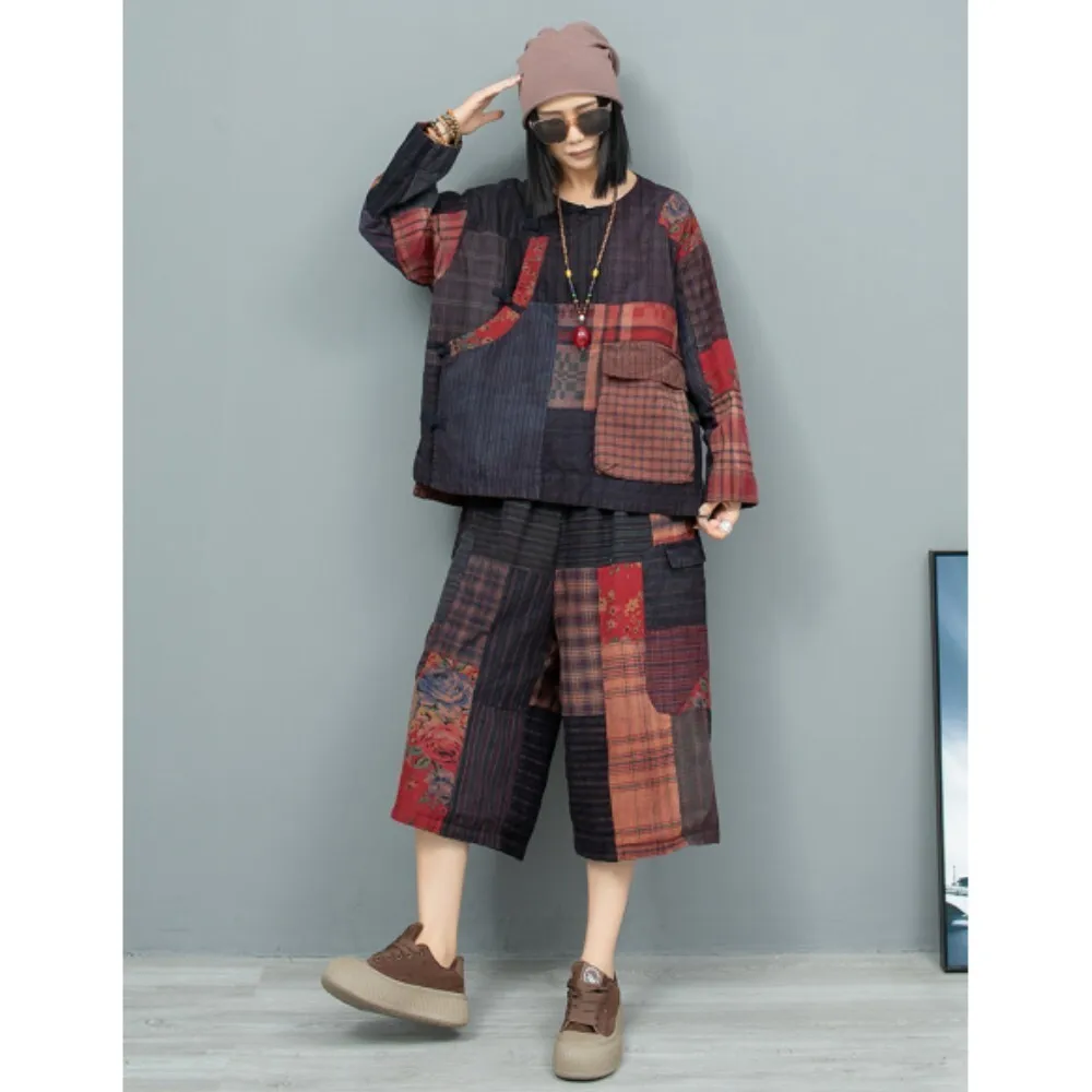 

Old Fabric Splicing Diagonal Buckle Long Sleeved Jacket + Wide Leg Pants Two-piece Set Women 2024 Autumn Matching Set ZF274