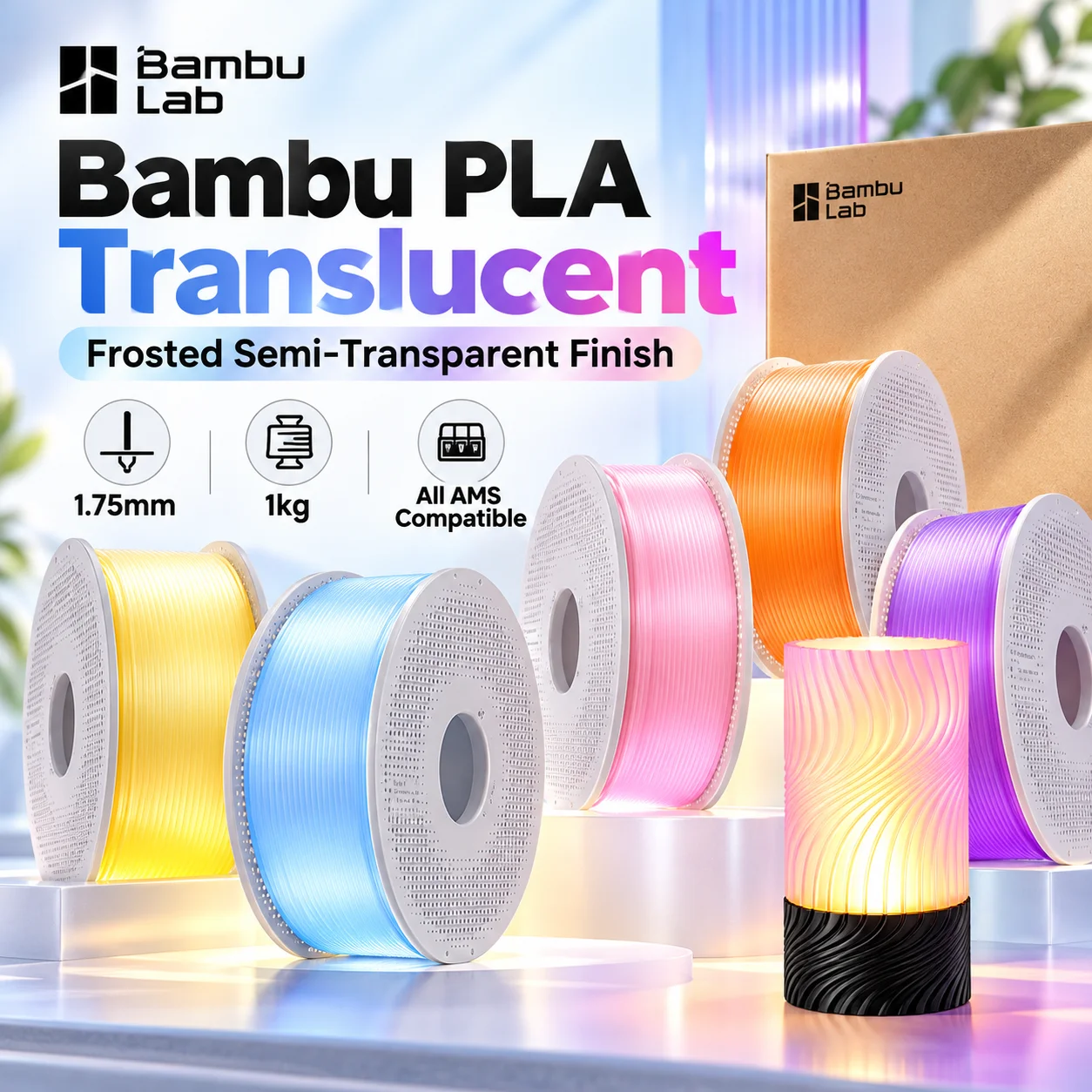 Bambu PLA Translucent Filament 1.75mm 1KG Frosted Semi Transparent 3D Printer Filament for AMS Creative Lamp Shade Printing