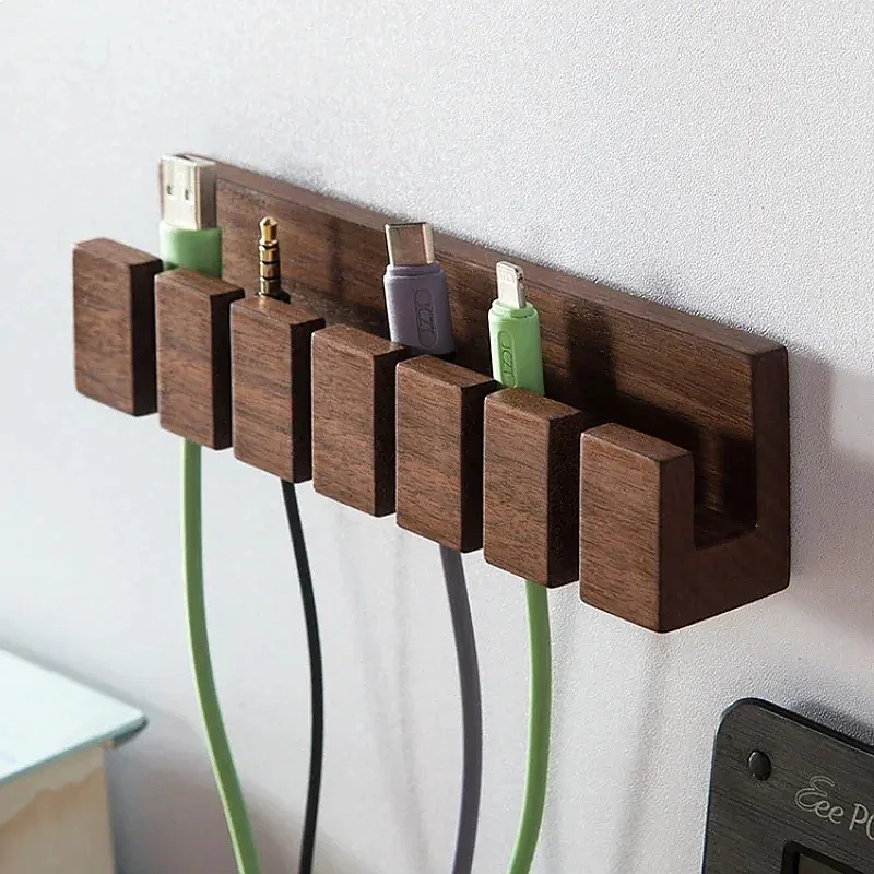 Solid Wood USB Cable Organizer Desk Cord Holder Charging Wire Management Stand