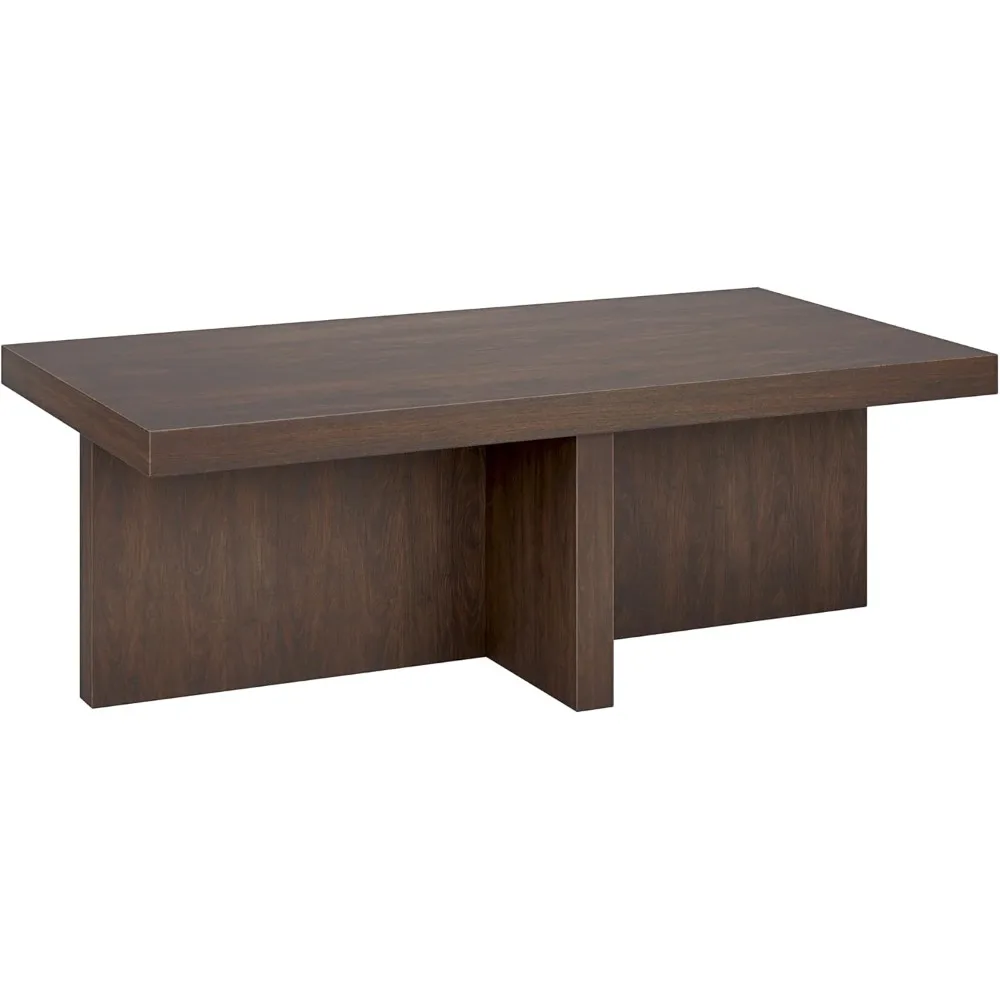 

44 Rectangular Wood Pedestal Low-Profile Coffee Table for Living Room, Family Room, or Office, Alder Brown