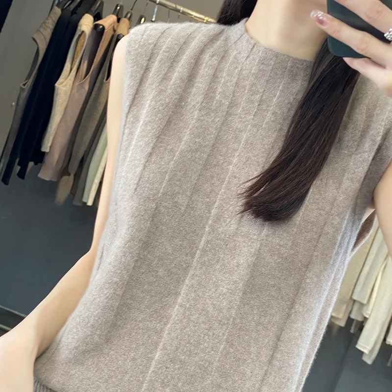 

Fine Imitation Sleeveless Wool Knitted Pullover T-Shirt For Women's Summer Thin Solid Color Half High Collar Basic Style Sweater