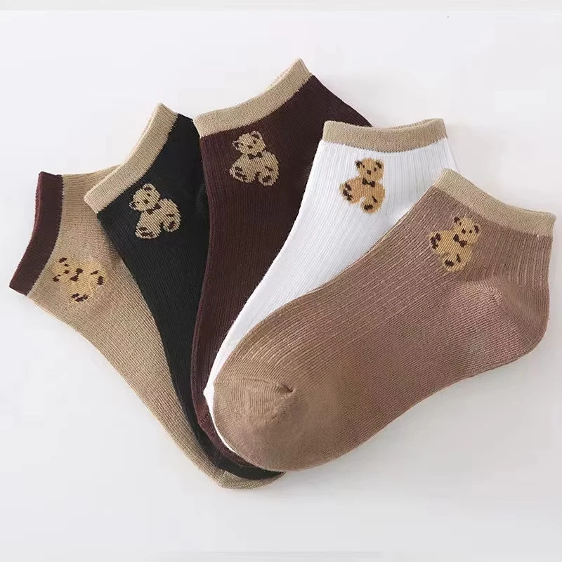 

5pairs/lot Cute Bears Printed Graphic Short Socks for Women Breathable Solid Color Low Tube Socks High Elastic Cotton Socks