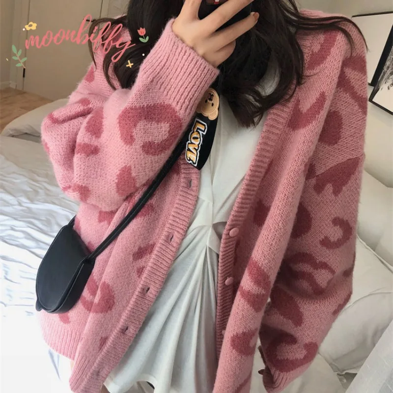 Fashion Autumn Winter Knitted Leopard Sweaters Women Korean V Neck Thick Print Cardigan Coat Loose Button Outwear