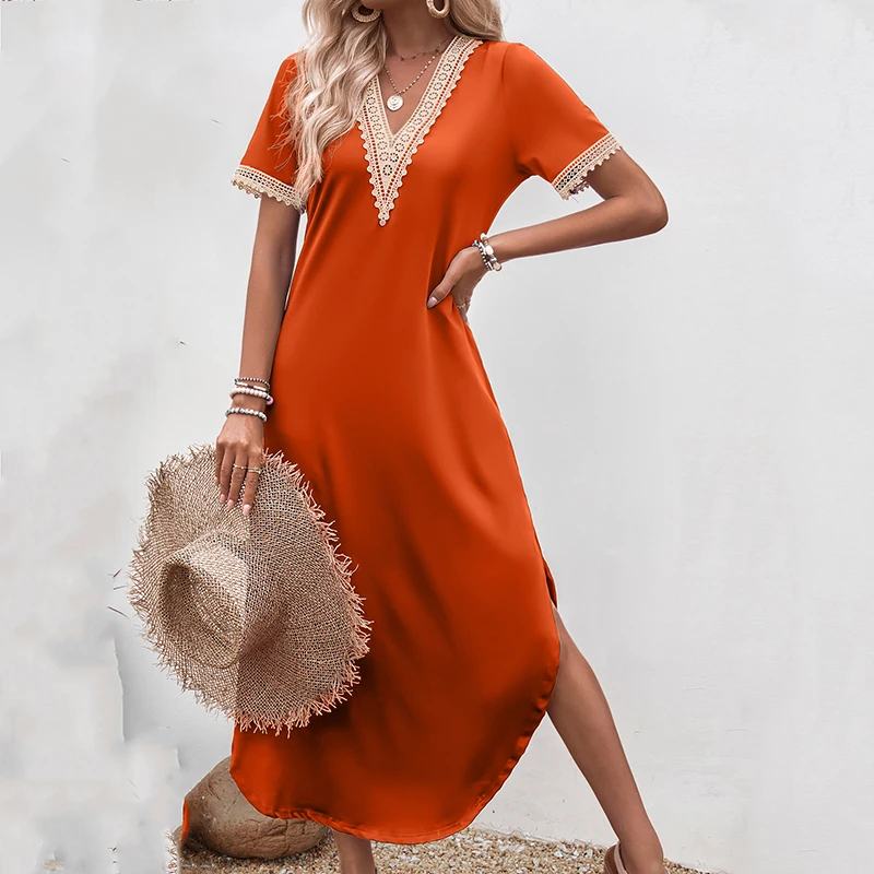 Abito estivo da donna con orlo irregolare tinta unita casual elegante scollo a V in pizzo con giunture a contrasto abiti slim multicolori a maglie