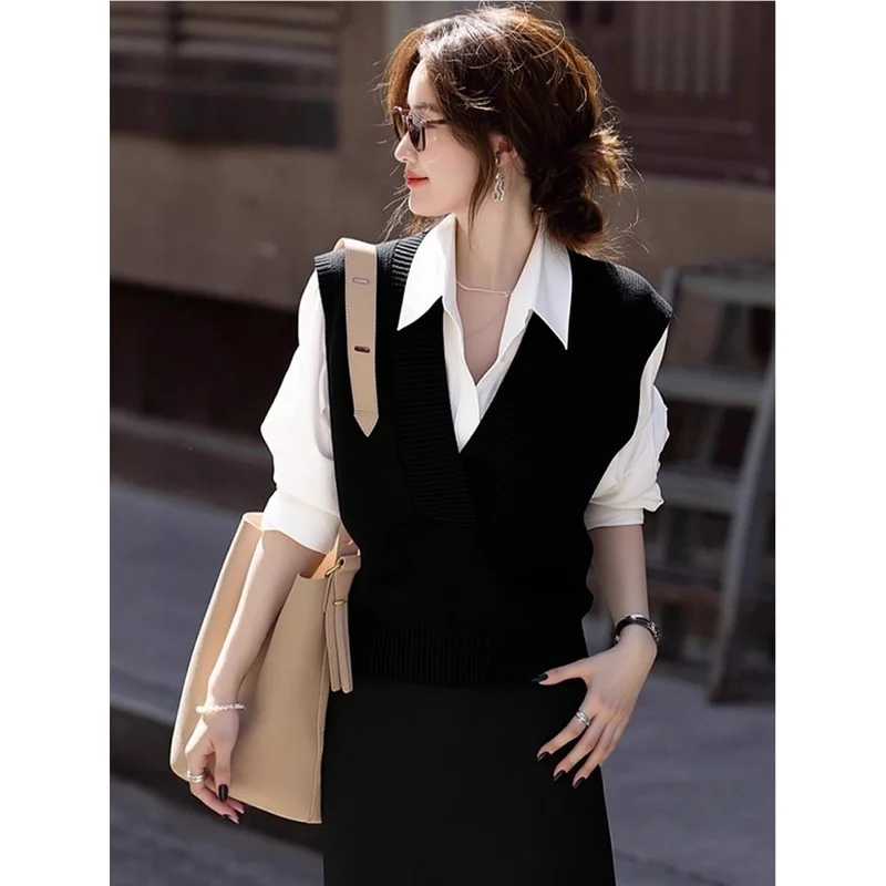 

Korean Sle Ele Bla Knitted Sweater Women's Faion Commute High-End Feeling Fake Two-Piece Winter irt