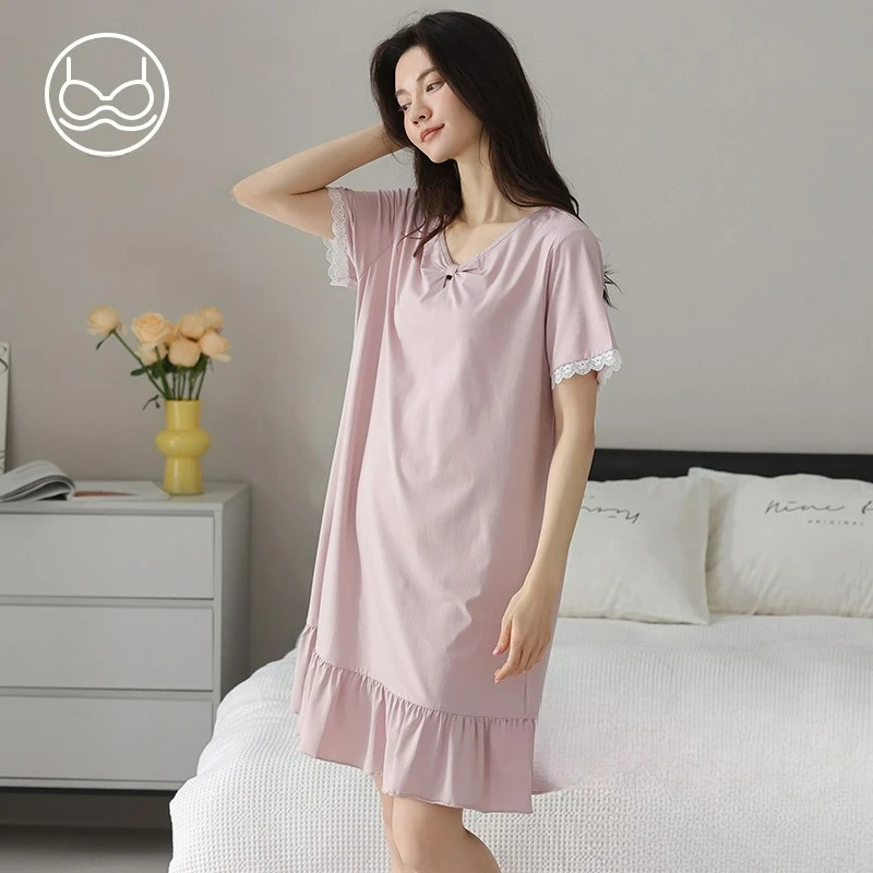 

Summer Femme Sleepwear 2026 New Casual Breathable Nightgown with Bra Short Sleeve Plus Size Loungewear Night Dress