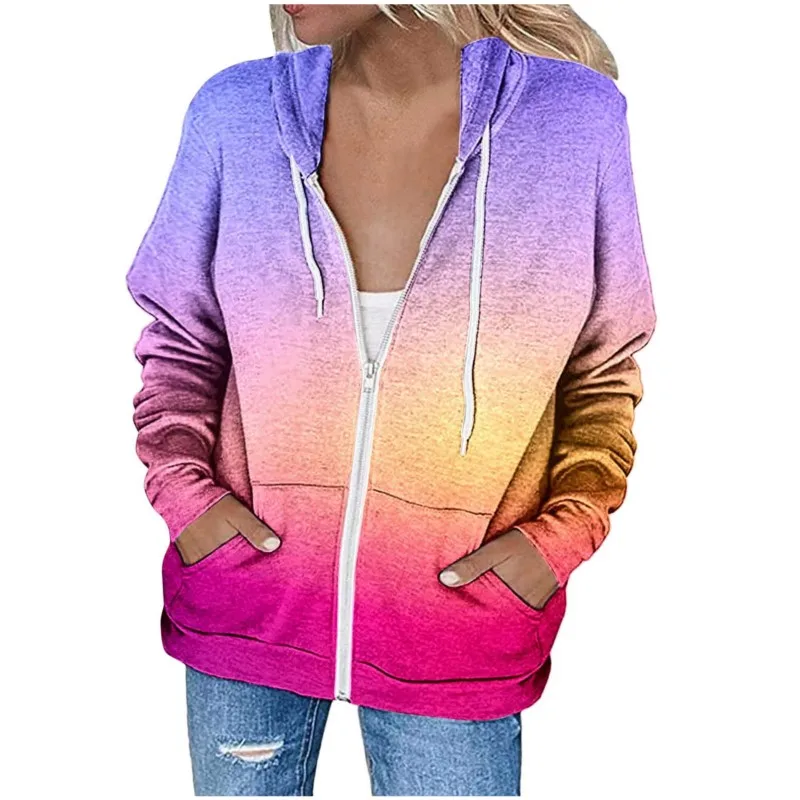 Spring Autumn Women Gradient Color Sweatshirt Coat Hooded Drawstring Long Sleeve Pockets Zipper Placket Halloween Outerwear