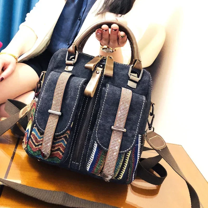 Korean Retro Motorcycle Fashion Large Capacity Top-handle Crossbody Bag Multi-purpose Bag Single Shoulder Embroidery Backpack