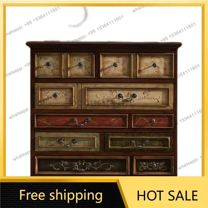 Zj. American solid wood porch cabinet retro painted drawer art side cabinet
