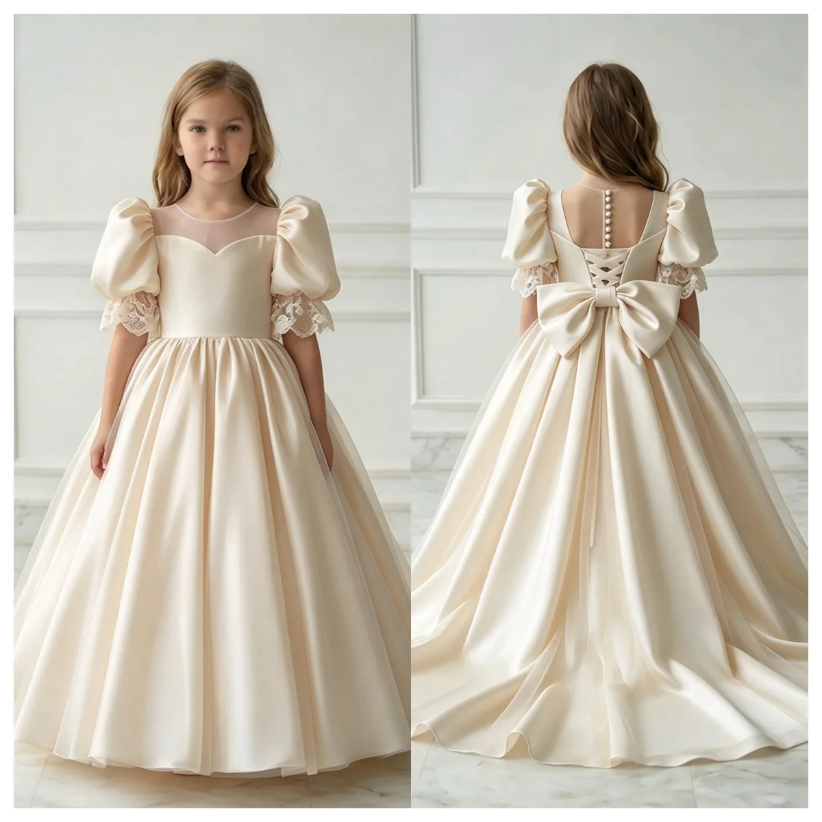 Elegant White Satin Square Neck Long Puffy Sleeves Flower Girl Dress for Children's Sacrament Birthday Bridesmaid Dress Custom