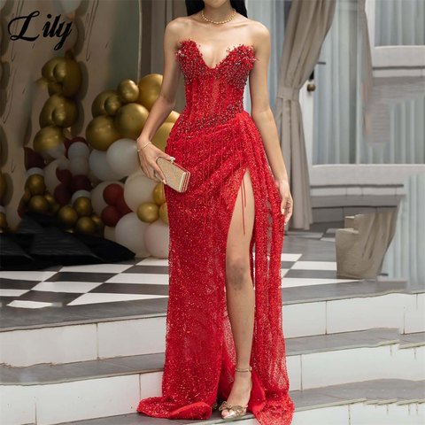 Lily Red Formal Dress Shiny Sequined Deep V-Neck Evening Gown Bead-Embellished Fringe and Side Split Prom Dresses Customized