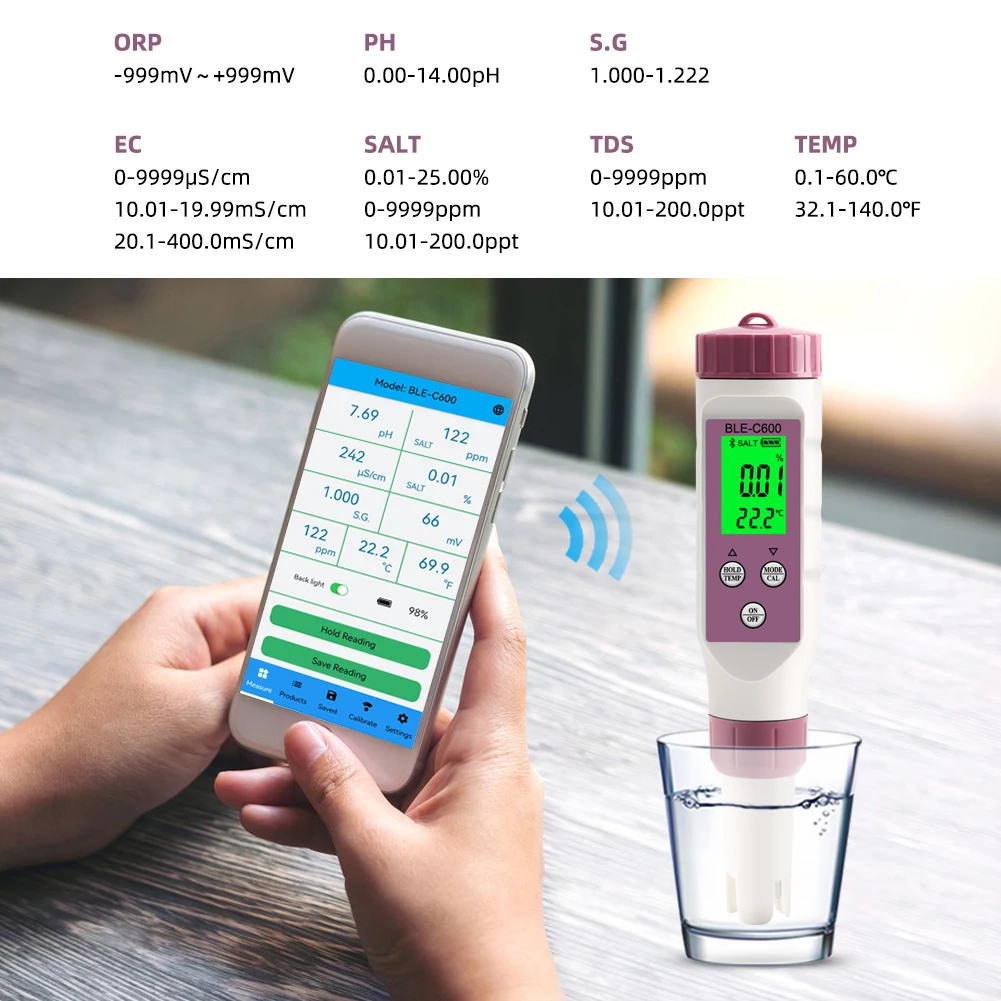 7-in-1-Temperatur ORP EC TDS Salzgehalt S.G PH-Messgerät Online Blue Tooth Wasserqualitätstester APP-Steuerung für Trinklabor Aquarium