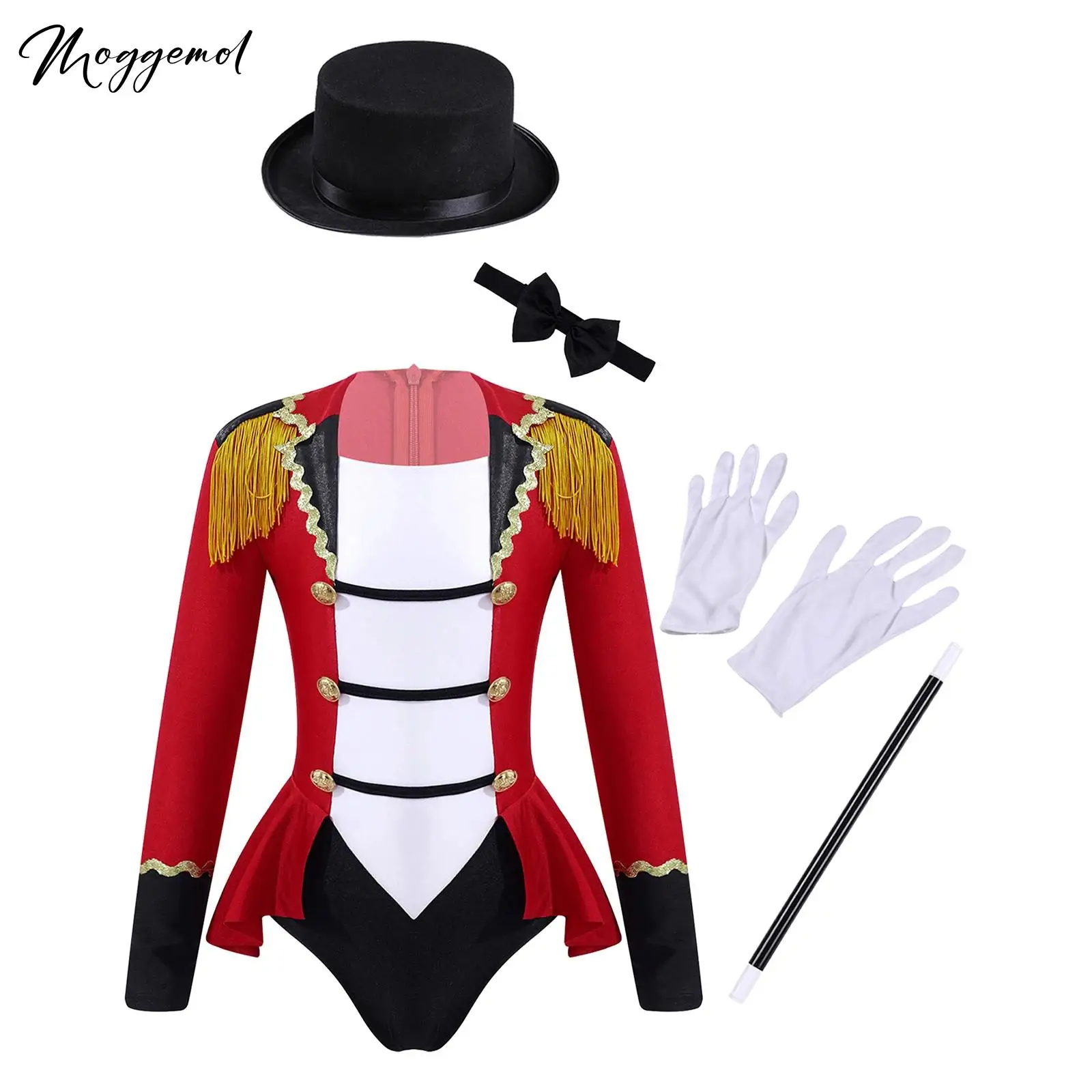 Kids 5Pcs Circus Ringmaster Costume Tassel Buttons Adorned Fancy Dress Jumpsuit Bodysuit Leotard Carnival Party Cosplay Romper