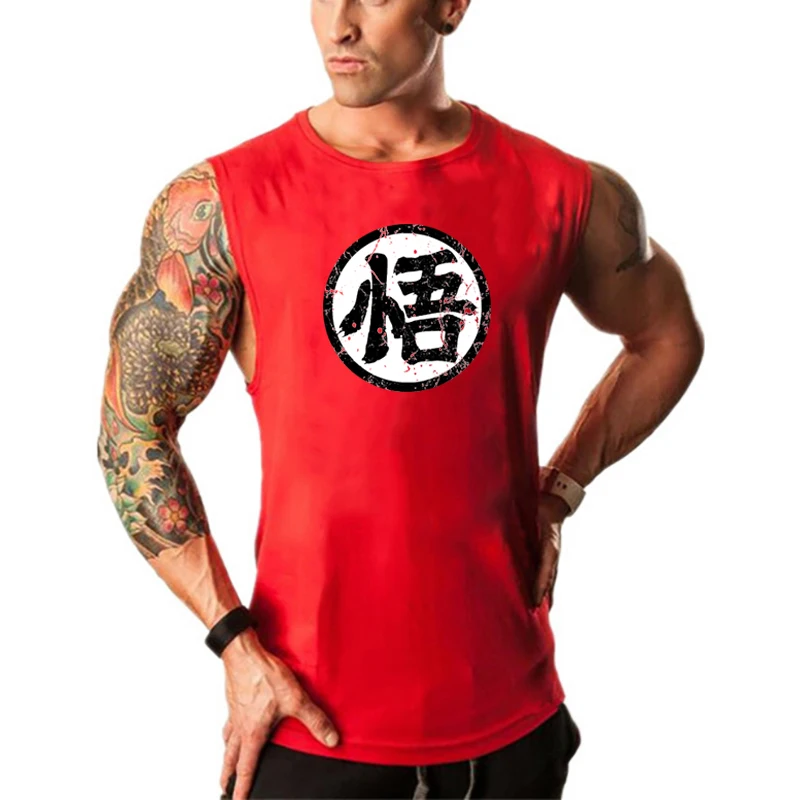 Japanese Anime Wu Font Funny Print Fitness Tank Tops Mens Cotton Bodybuilding Stringer Vest Gym Clothing Sports Sleeveless Shirt